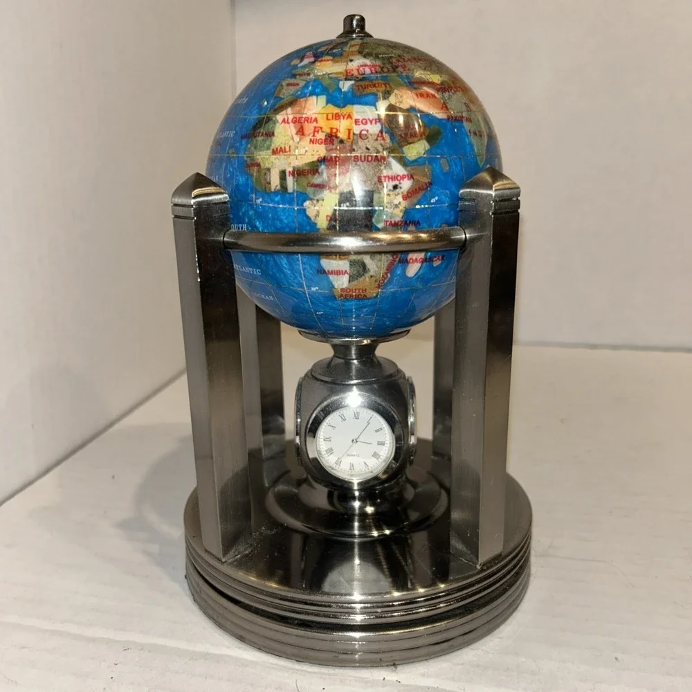 Globe By Alex‎ Kalifano-Chrome Revolving W\ 2 Clocks Thermometer & Hydrometer